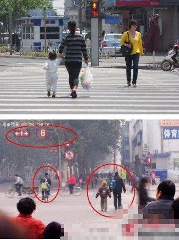 小孩欲等绿灯再过马路 被父母硬拖闯红灯(组图)