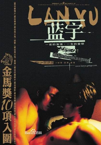 由刘烨、胡军主演的同性恋题材电影《蓝宇》上映于2001年，以中国大陆十几年的发展为背景，以两个男人的感情纠葛为主要内容。