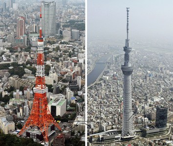 5月31日上午9点起,日本nhk和五大民营电视台正式使用东京晴空塔(图右)