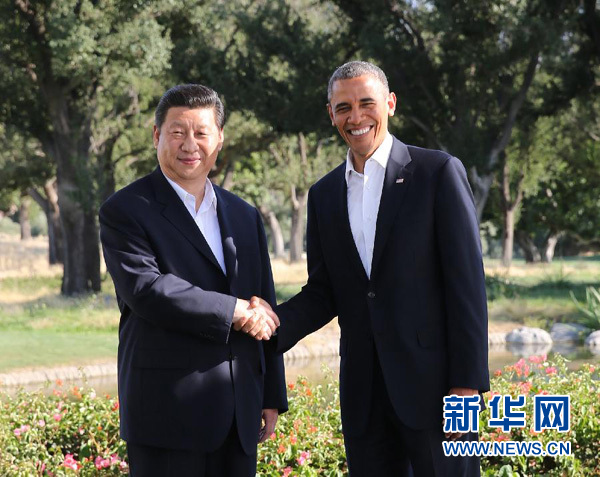 6月7日，国家主席习近平在美国加利福尼亚州安纳伯格庄园同美国总统奥巴马举行中美元首会晤。这是会晤前习近平与奥巴马合影。 新华社记者谢环驰