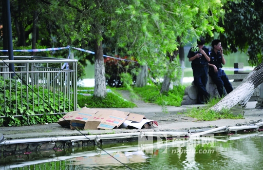 逸仙湖公园,打捞上湖边后的女子遗体被纸皮遮盖.南都记者 叶志文 摄