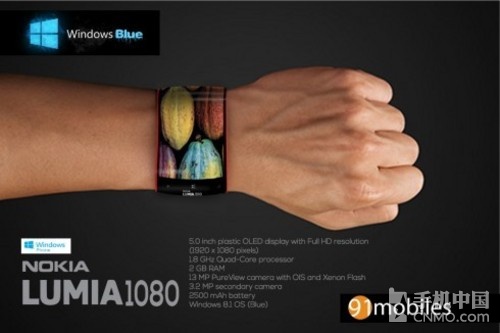 手腕上的柔屏诺基亚Lumia 1080概念机