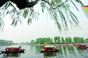 “开船喽!”随着船工一声号子响起,16条摇橹船雁翅形排开,驶离什刹海漕运码头……什刹海水上游再现旧时繁忙的漕运景象。(资料图)首席摄影记者 蔡代征/摄