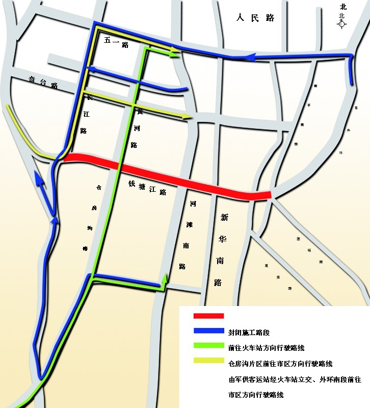 江路-长江路-奇台路-国际实业立交桥 (三桥)-河滩快速路前往市区方向