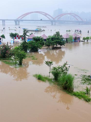 7月19日晨,嘉陵江南充城区段水位上涨,河床变宽,大量江边绿地被淹.