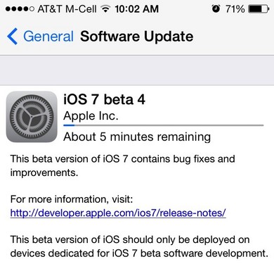 苹果iOS 7 Beta 4固件更新向开发者发布