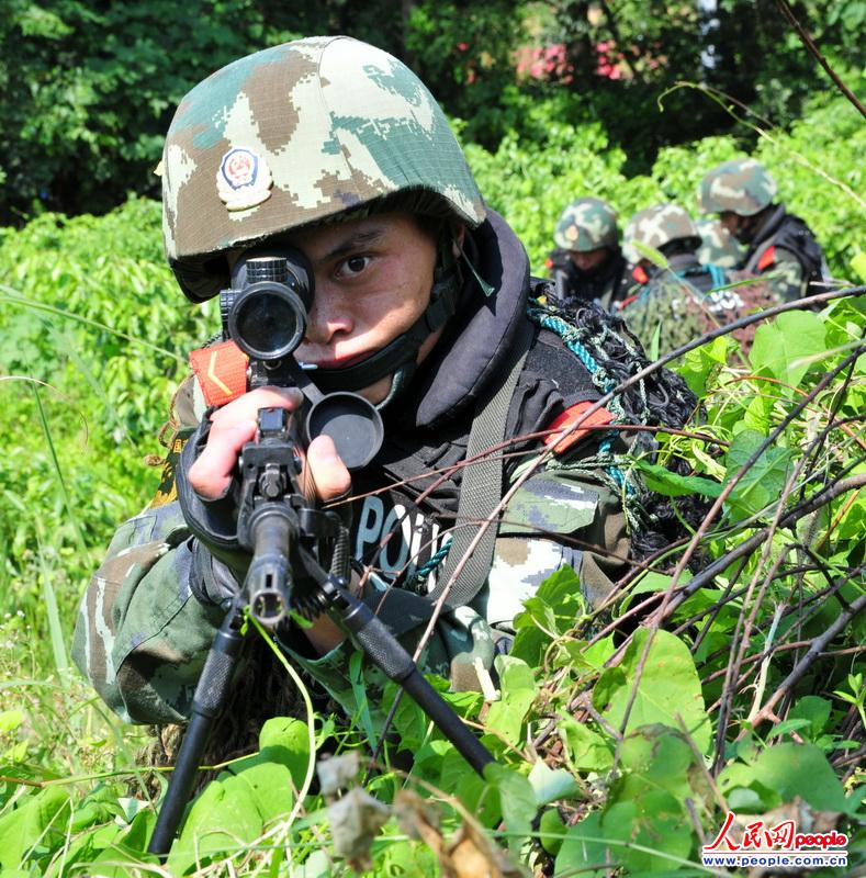 高清:武警特战队员高温天练丛林反恐 在树上刻下标志