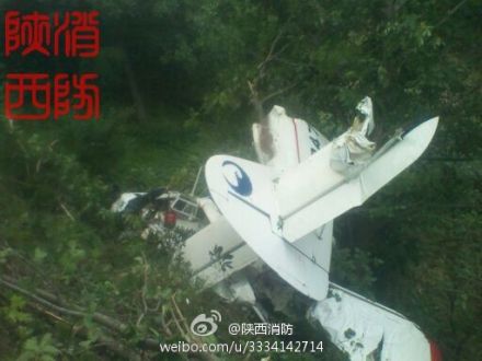 直升机坠毁现场图片。（供图：陕西消防）