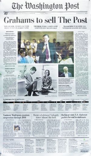 昨日出版的《华盛顿邮报》头版刊发了该报被收购的消息。