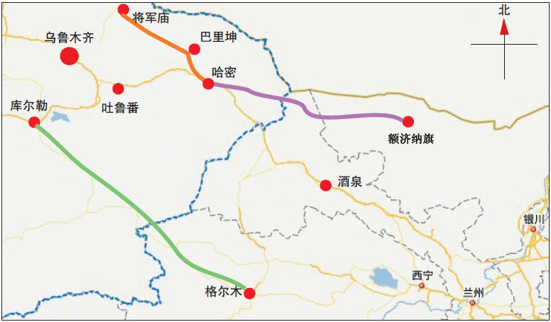 额济纳至哈密铁路,起于哈密,途甘肃省肃北县,止于内蒙古