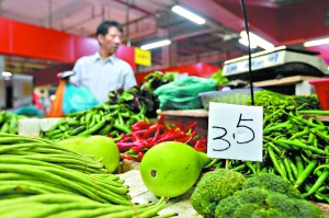 “天兔”登陆广东，不少菜市场的菜价出现上涨。图为金沙洲某菜市场的部分菜品在涨价。 记者顾展旭 摄