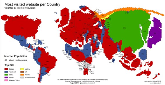 红色是google,霸占了除了中国,日本之外的大部分国家.