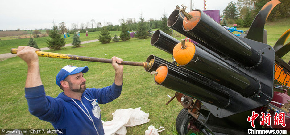 加拿大居民制作"南瓜大炮"为万圣节助兴吸引游客(组图