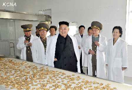 朝鲜最高领导人金正恩视察了生产糖果和面包的朝鲜人民军第354号食品厂。他亲自尝尝饼干后说，样子好看，味道也可口。