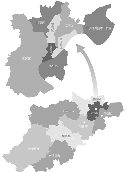 杭州市行政区域划分图,部分数据取自杭州市规划局网站的"地图服务".图片