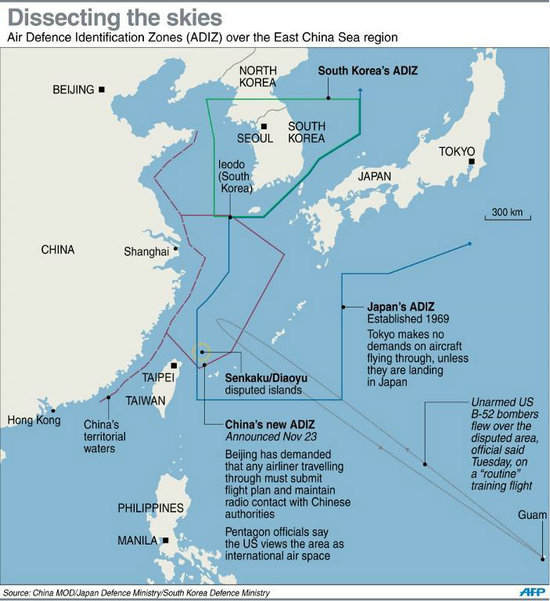 资料图:中日韩三国防空识别区示意图.