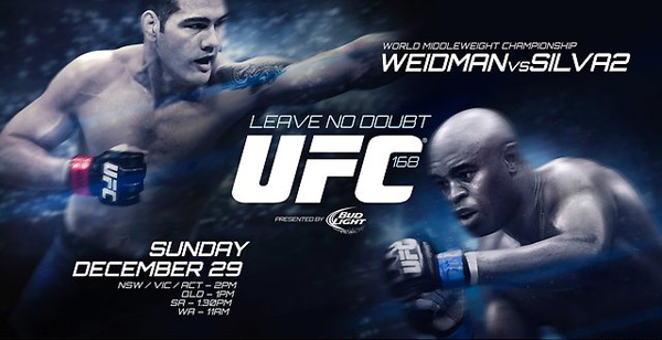 北京时间12月29日上午11点,UFC168将于拉斯维加斯举行,头条主赛是蜘蛛安德森-席尔瓦(Anderson Silva) VS 克里斯-韦德曼(Chris Weidman)的中量级冠军二番战,联合主赛则是隆达-罗西(Ronda Rousey) VS 米莎-塔特(Miesha Tate)的女子雏量级冠军二番战。此外诸如乔什-巴奈特(Josh Barnett)、吉姆-米勒(Jim Miller)、特拉维斯-布朗(Travis Browne)等名将也都将出赛。(#为选手目前在该量级的官方排名) 主