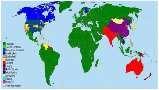 外媒划体育世界地图足球第一 中国流行乒乓(图)