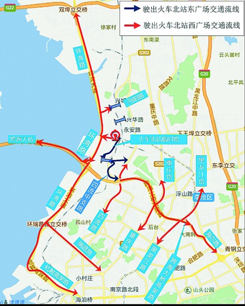 1,杭鞍高架路或瑞昌路-环湾路-火车北站西广场   2,海尔路,黑龙江