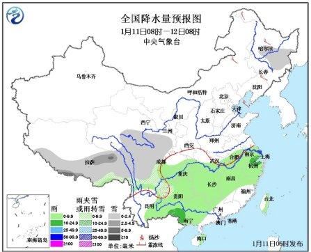 中国南方雨雪继续蔓延 弱冷空气袭扰中东部地区