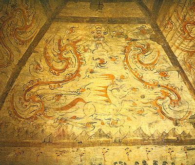 甘肃酒泉丁家闸十六国时期的壁画墓天马图像。