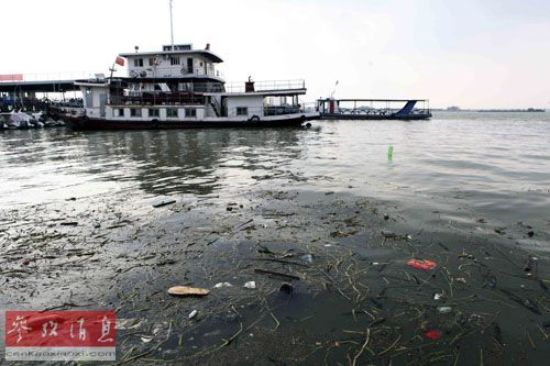 资料图片：这是2013年5月27日在江西省湖口县拍摄的水面飘着垃圾的鄱阳湖。新华社发