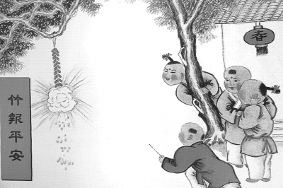 中国传统年画《放鞭炮》,寓意竹报平安。CF