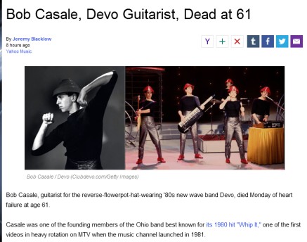 美乐队Devo吉他手Bob去世 享年61岁