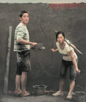 李节平油画《小夫妻》,获2009·第十一届全国美展油画金奖.