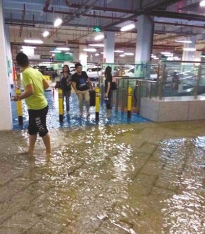 暴雨致深圳机场遭遇水浸，一些乘客因航班延误滞留机场。 网络截图