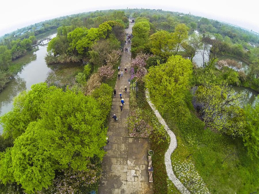 【组图】杭州:西溪湿地花朝节(组图)   4月2日,游客行走在绿堤上