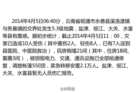 永善地震区电力交通通讯已恢复 转移安置2.1万人