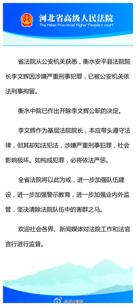 河北安平法院院长被开除公职省高院表态