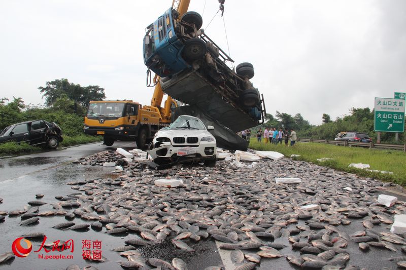 海南:装万斤鱼货车侧翻 压扁宝马越野车(组图)