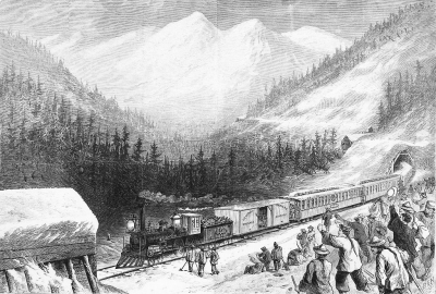 图为19世纪中国劳工在内华达雪山中修建横贯全美的第一条铁路时的