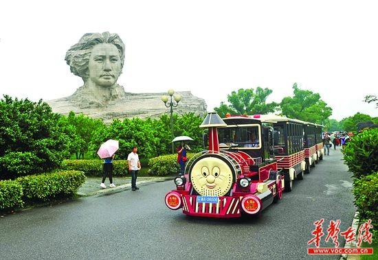 5月16日,“托马斯”观光小火车匀速在橘子洲头穿梭,速度不超过20码。市民尤其是小孩看到火车纷纷驻足观看。 记者 唐俊 摄