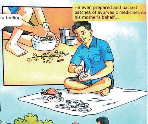 莫迪还常常帮妈妈打理阿育吠陀药店，他将药碾成粉末，用纸等量包装起来，而这些药，是用来给穷人的。