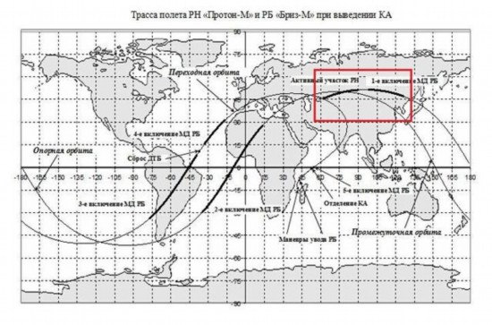 　　俄罗斯公布的坠毁质子号火箭的预定投影轨迹，经过中国东北地区上空