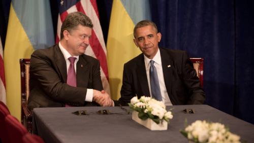 奥巴马会见乌克兰当选总统波罗申科。