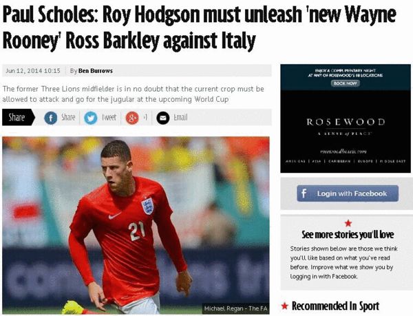 《镜报》：斯科尔斯建议霍奇森在打意大利时派巴克利出场
