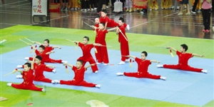 番禺区北城幼儿园的幼儿武术队在赛场上一展风采,最终以高质量的动作