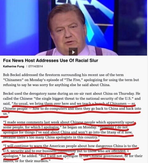 新闻台主持人贝克尔(bob beckel)为其发表的种族主义辱华言论引咎辞职