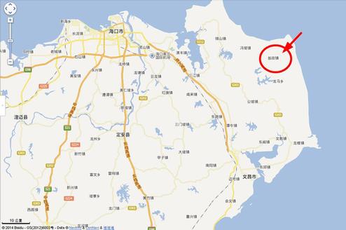 红圈标记处为海南省文昌市翁田镇.图片