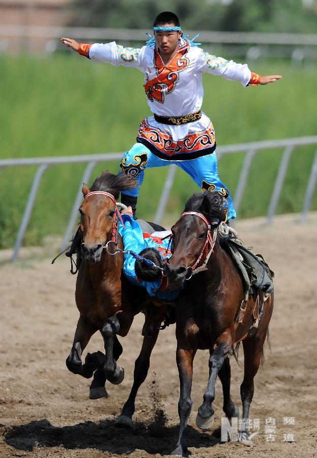 7月26日,内蒙古马术学校的骑手在特技表演赛中.