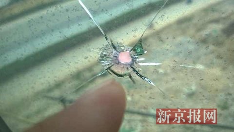 图为魏先生家玻璃上留存的“弹孔”(图片由魏先生提供)