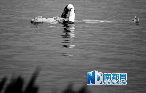  昨日，白云湖西湖里，一名仰泳的市民。南都记者 马强 实习生 张梓望 摄