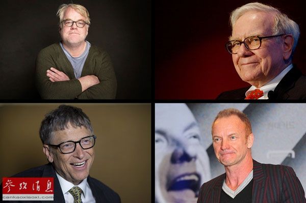 由左上顺时针方向依次为已故演员菲利普·西摩·霍夫曼、投资家沃伦·巴菲特、摇滚歌手斯汀和微软公司创始人比尔·盖茨。