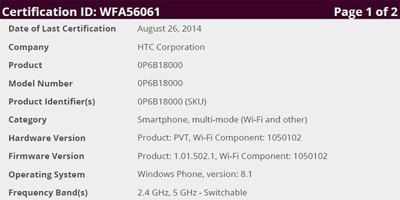 WP版HTC M8通过欧盟Wi-Fi认证(图片引自cnbeta)