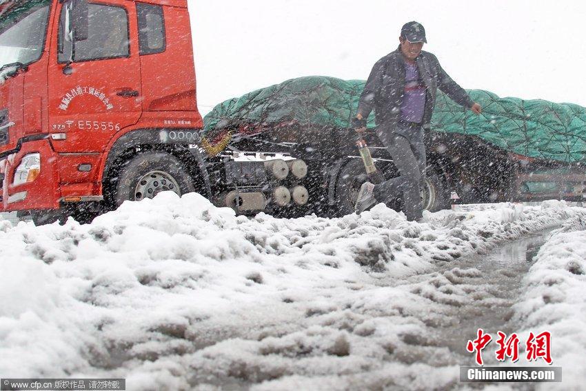 2014年09月12日，新疆维吾尔自治区哈密地区，受冷空气影响，新疆哈密北部降下了今秋首场大雪，部分区域积雪厚度达40厘米以上，给当地农牧业和交通带来了不同程度的影响。CFP视觉中国