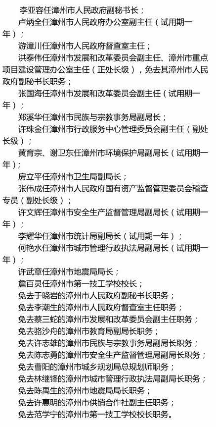 漳州市政府公布一批人事任免李亚容任副秘书长